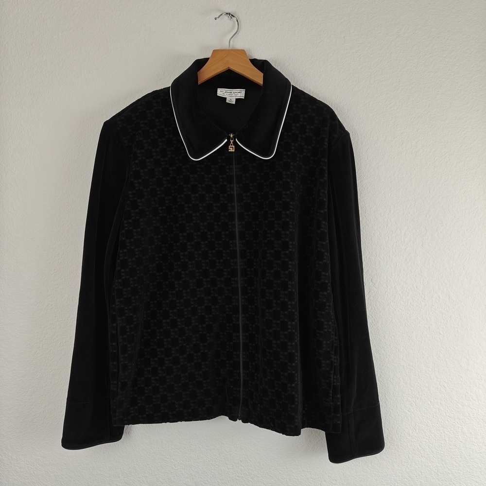 St. John Sport by Marie Gray Black Velour Zip Up All Over Logo Printed Jacket XL